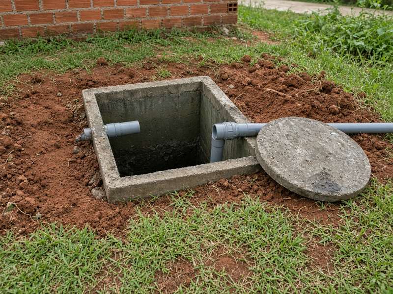 Caixa de inspeção de concreto aberta com tubos de PVC cinza em um quintal de terra vermelha