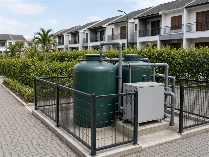 Dois tanques cilíndricos verdes de uma estação compacta de tratamento de esgoto em área técnica cercada de um condomínio
